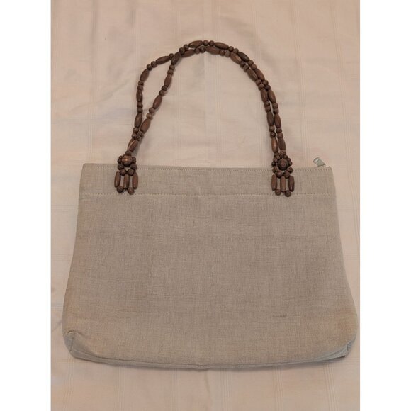 Vntg Fine Arts Bag Co Beige Linen & Wood Bead Purse Tote Zips Close Dual Handles - Picture 9 of 13